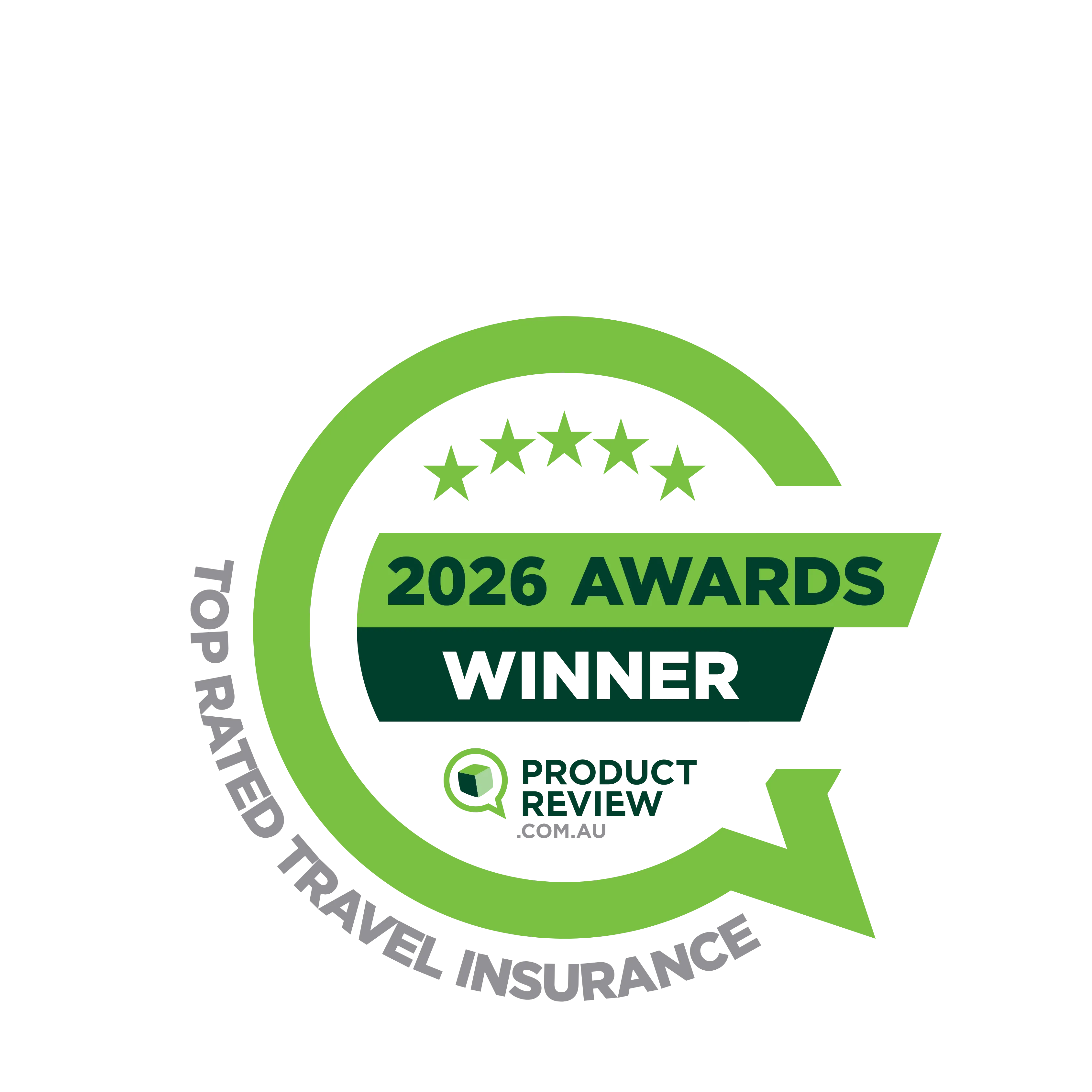 Tick Travel Insurance ProductReview.com.au 2026 Awards Winner badge for Top Rated Travel Insurance